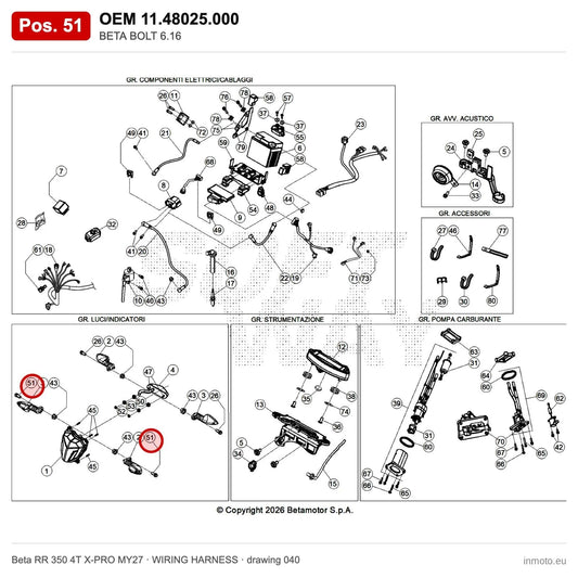 BETA BOLT 6.16 – OEM 11.48025.000, position 51 on the Beta RR 350 4T X-PRO MY27 wiring harness drawing