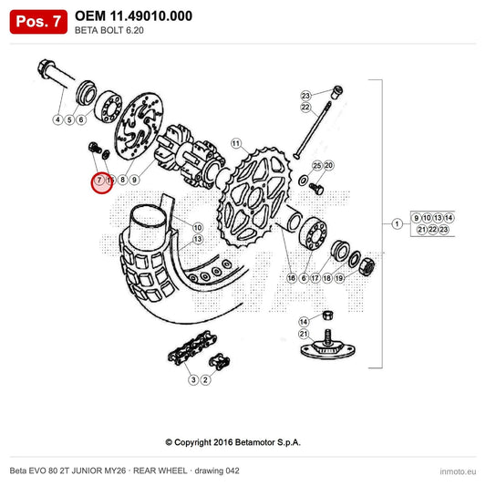 BETA BOLT 6.20 – OEM 11.49010.000, position 7 on the Beta EVO 80 2T JUNIOR MY26 rear wheel drawing