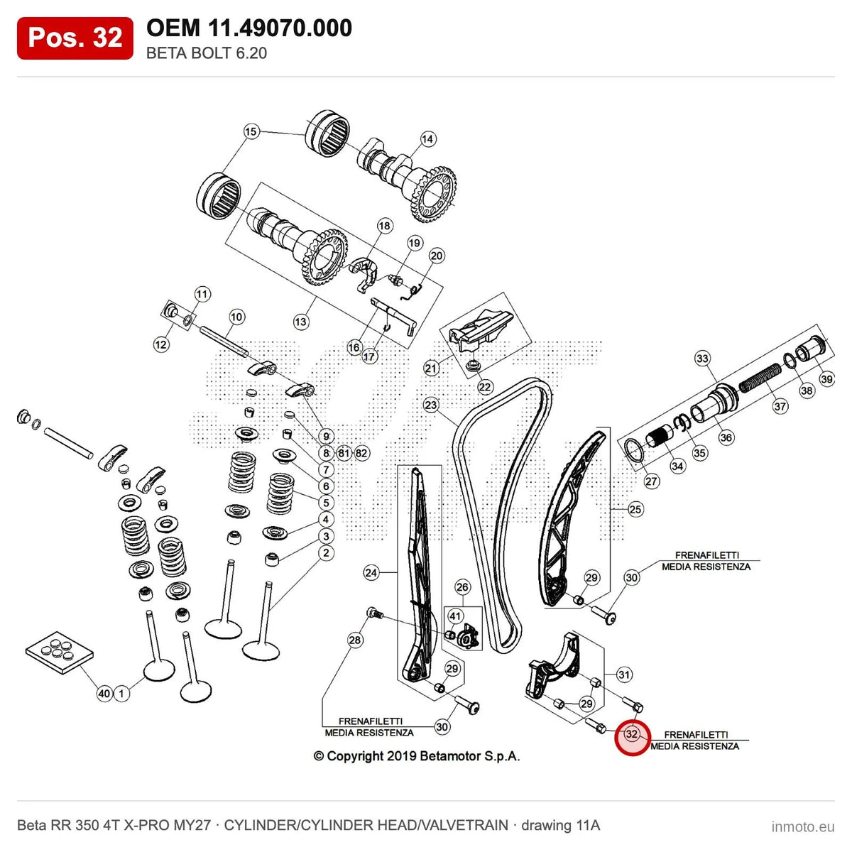 BETA BOLT 6.20 – OEM 11.49070.000, position 32 on the Beta RR 350 4T X-PRO MY27 cylinder/cylinder head/valvetrain drawing