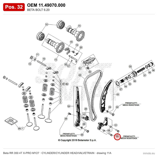 BETA BOLT 6.20 – OEM 11.49070.000, position 32 on the Beta RR 350 4T X-PRO MY27 cylinder/cylinder head/valvetrain drawing