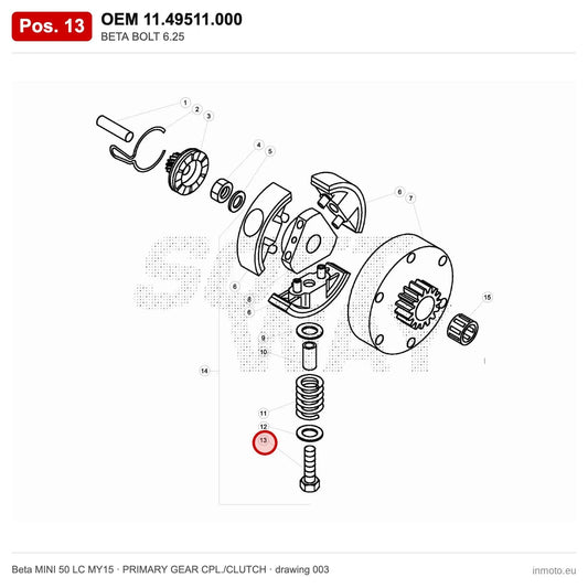 BETA BOLT 6.25 – OEM 11.49511.000, position 13 on the Beta MINI 50 LC MY15 primary gear cpl./clutch drawing