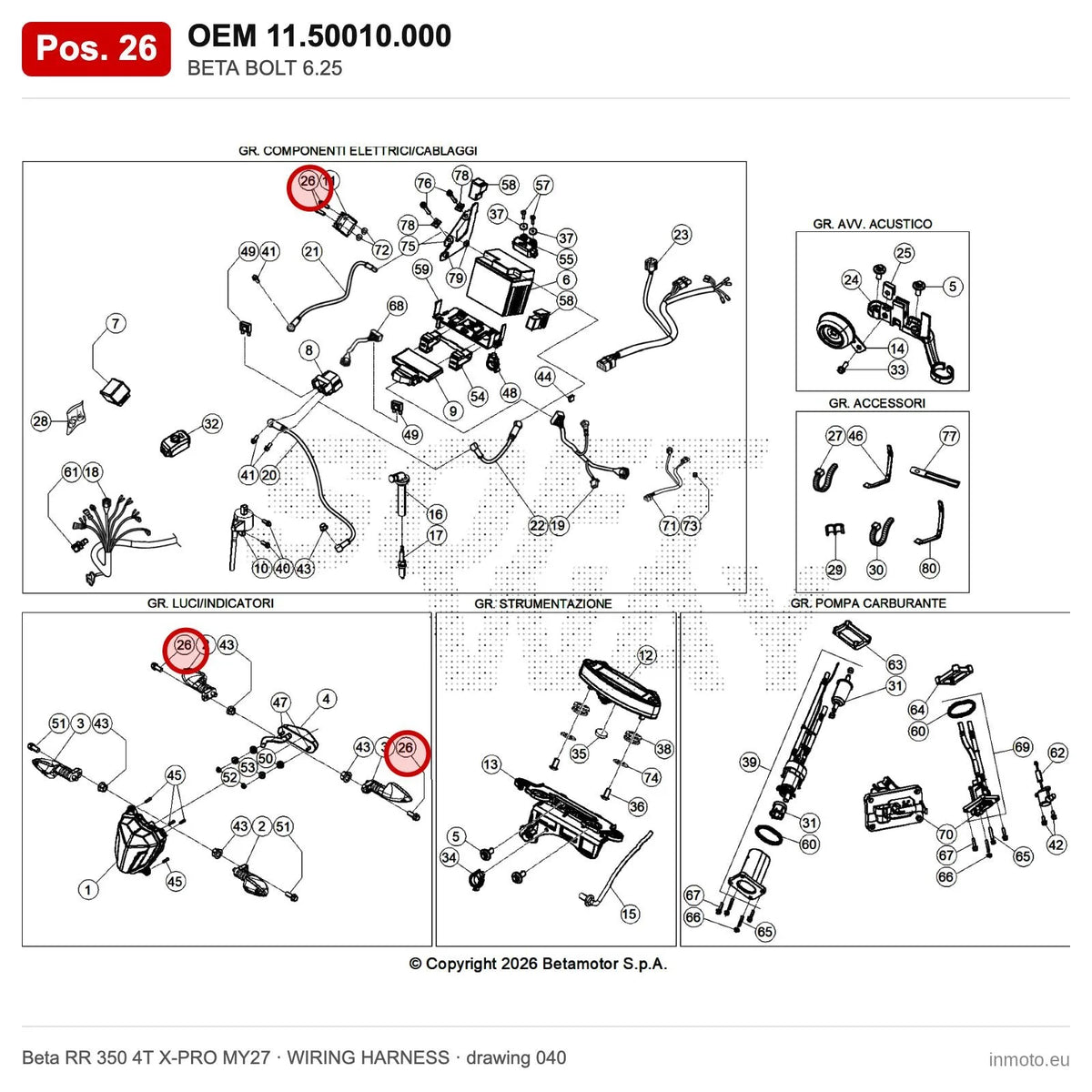 BETA BOLT 6.25 – OEM 11.50010.000, position 26 on the Beta RR 350 4T X-PRO MY27 wiring harness drawing