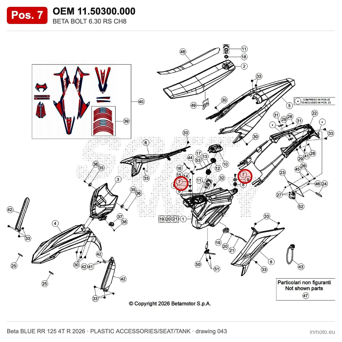 BETA BOLT 6.30 RS CH8 – OEM 11.50300.000, position 7 on the Beta BLUE RR 125 4T R 2026 plastic accessories/seat/tank drawing