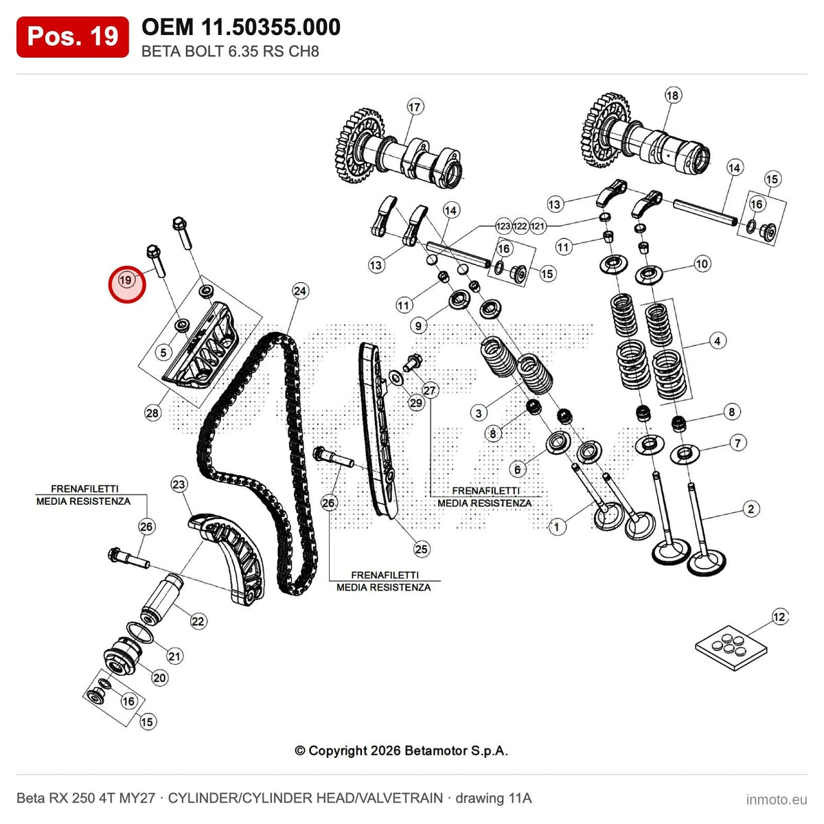 BETA BOLT 6.35 RS CH8 – OEM 11.50355.000, position 19 on the Beta RX 250 4T MY27 cylinder/cylinder head/valvetrain drawing