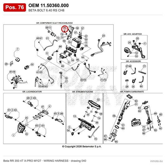 BETA BOLT 6.40 RS CH8 – OEM 11.50360.000, position 76 on the Beta RR 350 4T X-PRO MY27 wiring harness drawing