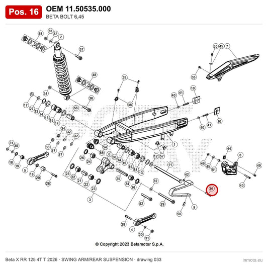 BETA BOLT 6,45 – OEM 11.50535.000, position 16 on the Beta X RR 125 4T T 2026 swing arm/rear suspension drawing