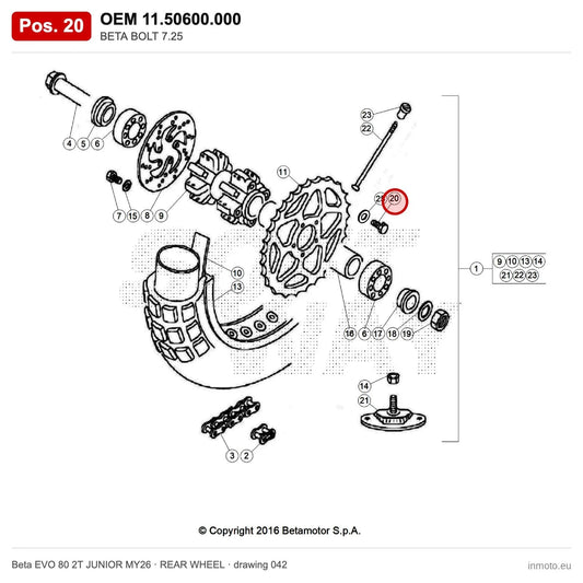 BETA BOLT 7.25 – OEM 11.50600.000, position 20 on the Beta EVO 80 2T JUNIOR MY26 rear wheel drawing