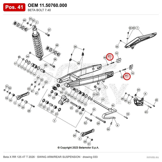 BETA BOLT 7.40 – OEM 11.50760.000, position 41 on the Beta X RR 125 4T T 2026 swing arm/rear suspension drawing