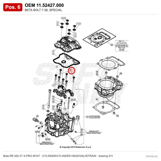 BETA BOLT 7.38, SPECIAL – OEM 11.52427.000, position 6 on the Beta RR 350 4T X-PRO MY27 cylinder/cylinder head/valvetrain drawing