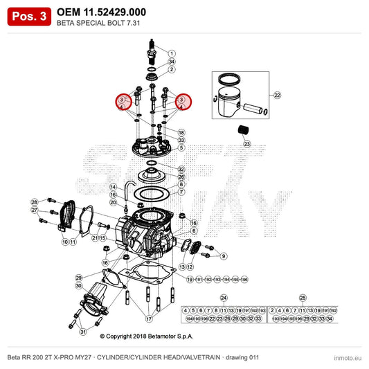 BETA SPECIAL BOLT 7.31 – OEM 11.52429.000, position 3 on the Beta RR 200 2T X-PRO MY27 cylinder/cylinder head/valvetrain drawing