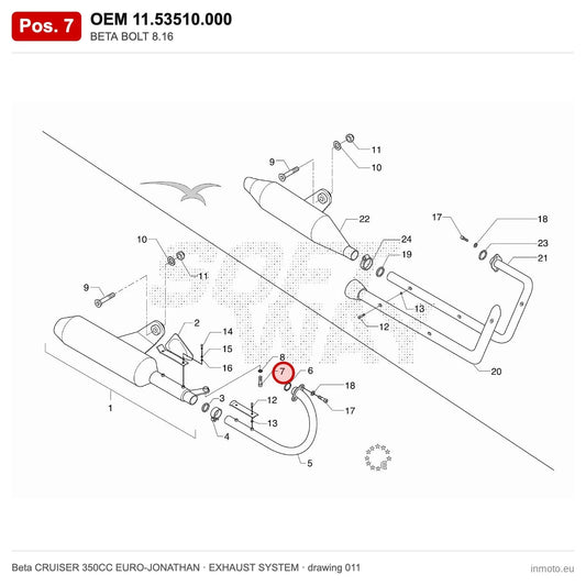 BETA BOLT 8.16 – OEM 11.53510.000, position 7 on the Beta CRUISER 350CC EURO-JONATHAN exhaust system drawing