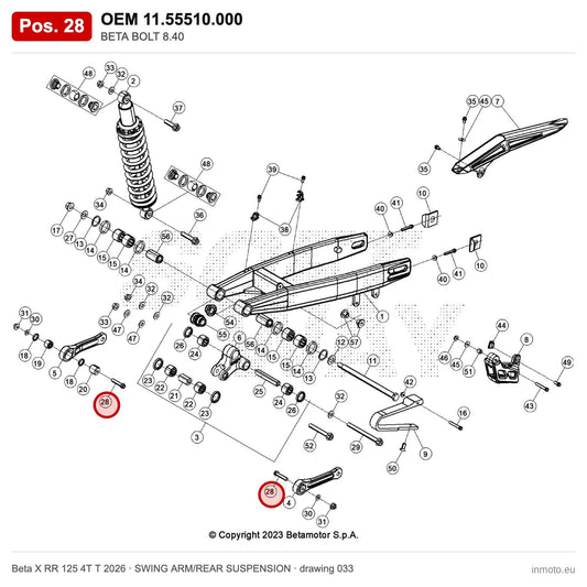 BETA BOLT 8.40 – OEM 11.55510.000, position 28 on the Beta X RR 125 4T T 2026 swing arm/rear suspension drawing