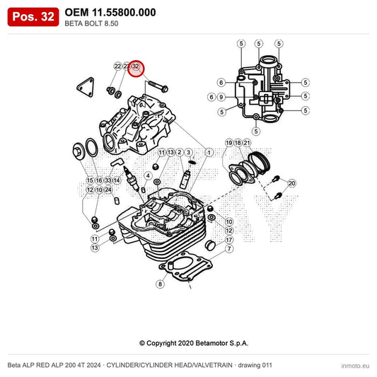 BETA BOLT 8.50 – OEM 11.55800.000, position 32 on the Beta ALP RED ALP 200 4T 2024 cylinder/cylinder head/valvetrain drawing