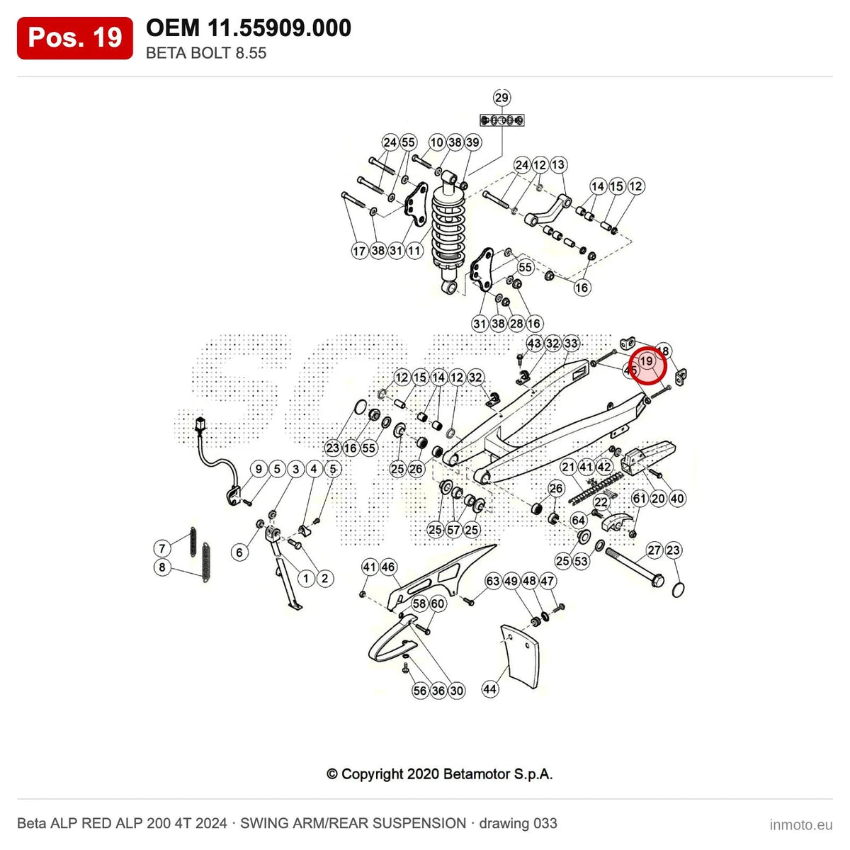 BETA BOLT 8.55 – OEM 11.55909.000, position 19 on the Beta ALP RED ALP 200 4T 2024 swing arm/rear suspension drawing