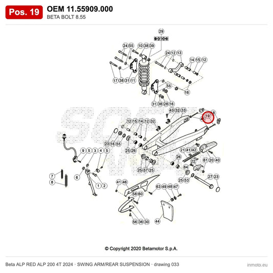 BETA BOLT 8.55 – OEM 11.55909.000, position 19 on the Beta ALP RED ALP 200 4T 2024 swing arm/rear suspension drawing