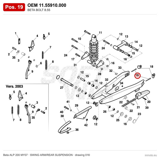 BETA BOLT 8.55 – OEM 11.55910.000, position 19 on the Beta ALP 200 MY07 swing arm/rear suspension drawing