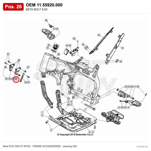 BETA BOLT 8.60 – OEM 11.55920.000, position 26 on the Beta EVO 300 2T MY22 frame accessories drawing