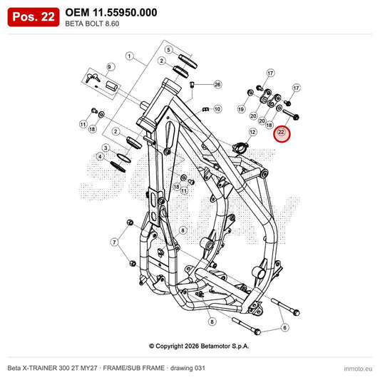 BETA BOLT 8.60 – OEM 11.55950.000, position 22 on the Beta X-TRAINER 300 2T MY27 frame/sub frame drawing