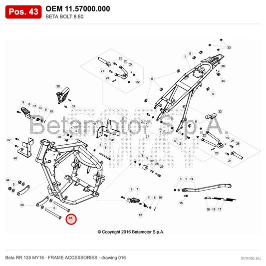 BETA BOLT 8.80 – OEM 11.57000.000, position 43 on the Beta RR 125 MY16 frame accessories drawing