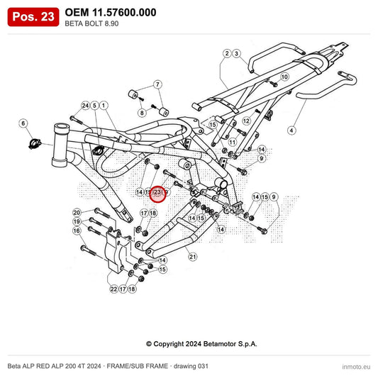 BETA BOLT 8.90 – OEM 11.57600.000, position 23 on the Beta ALP RED ALP 200 4T 2024 frame/sub frame drawing