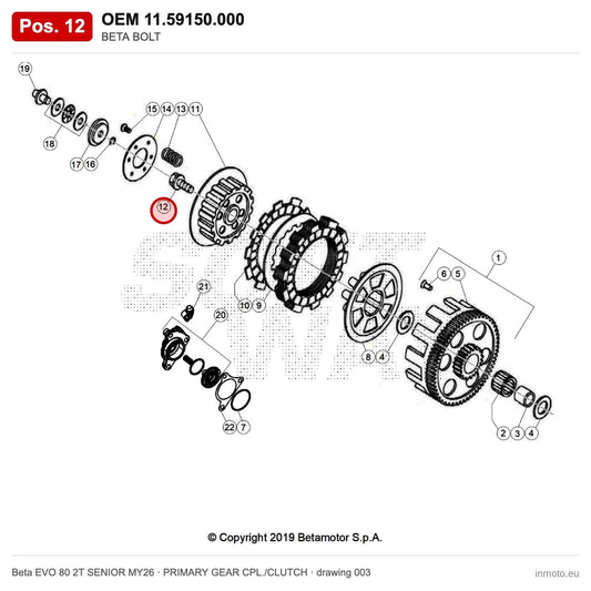 BETA BOLT – OEM 11.59150.000, position 12 on the Beta EVO 80 2T SENIOR MY26 primary gear cpl./clutch drawing