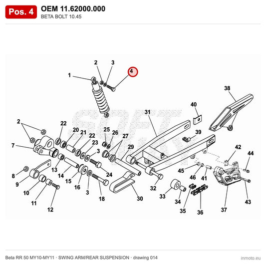 BETA BOLT 10.45 – OEM 11.62000.000, position 4 on the Beta RR 50 MY10-MY11 swing arm/rear suspension drawing
