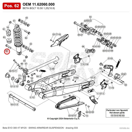 BETA BOLT 10.50 1,25(10.9) – OEM 11.62060.000, position 62 on the Beta EVO 300 4T MY25 swing arm/rear suspension drawing