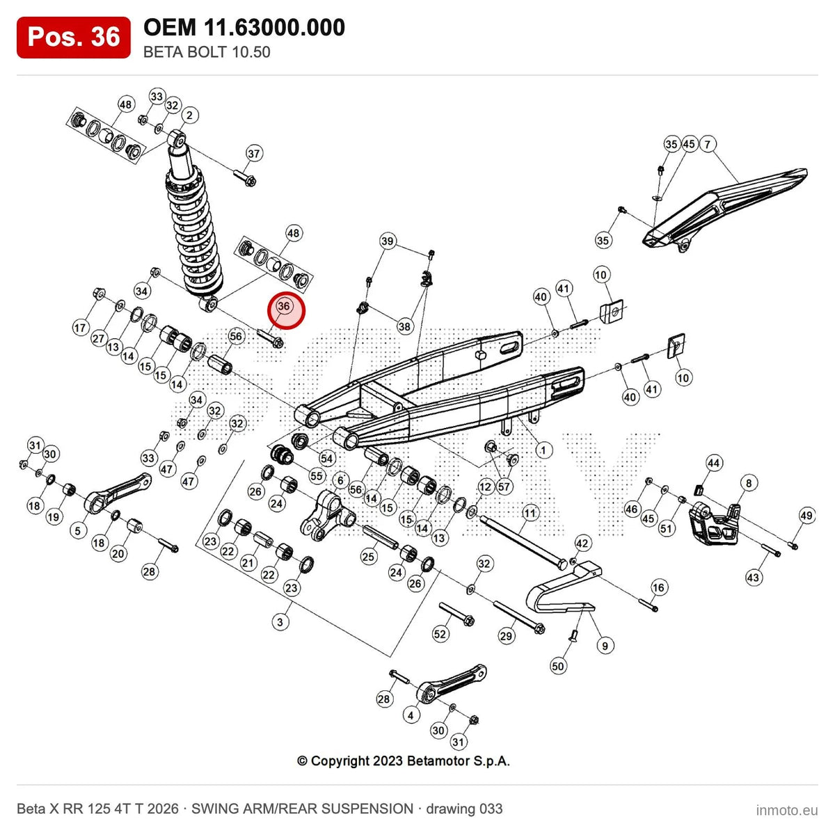BETA BOLT 10.50 – OEM 11.63000.000, position 36 on the Beta X RR 125 4T T 2026 swing arm/rear suspension drawing
