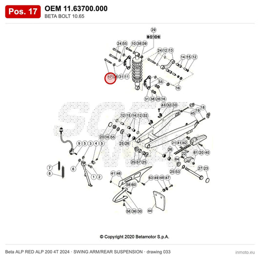 BETA BOLT 10.65 – OEM 11.63700.000, position 17 on the Beta ALP RED ALP 200 4T 2024 swing arm/rear suspension drawing
