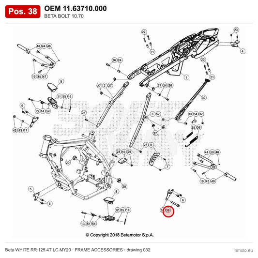 BETA BOLT 10.70 – OEM 11.63710.000, position 38 on the Beta WHITE RR 125 4T LC MY20 frame accessories drawing
