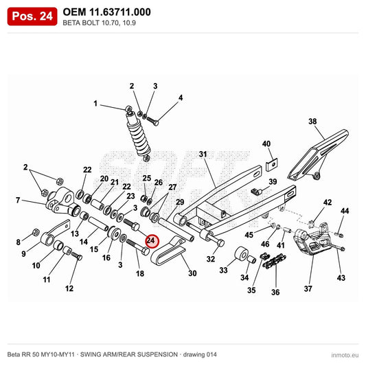 BETA BOLT 10.70, 10.9 – OEM 11.63711.000, position 24 on the Beta RR 50 MY10-MY11 swing arm/rear suspension drawing