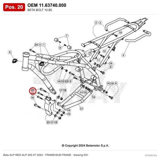 BETA BOLT 10.85 – OEM 11.63740.000, position 20 on the Beta ALP RED ALP 200 4T 2024 frame/sub frame drawing