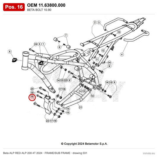 BETA BOLT 10.90 – OEM 11.63800.000, position 16 on the Beta ALP RED ALP 200 4T 2024 frame/sub frame drawing