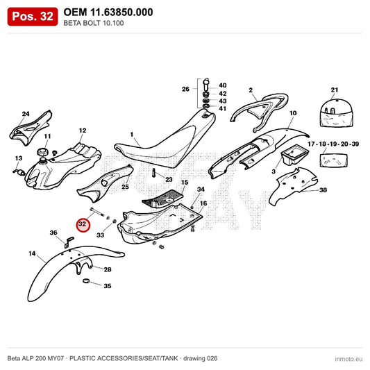 BETA BOLT 10.100 – OEM 11.63850.000, position 32 on the Beta ALP 200 MY07 plastic accessories/seat/tank drawing