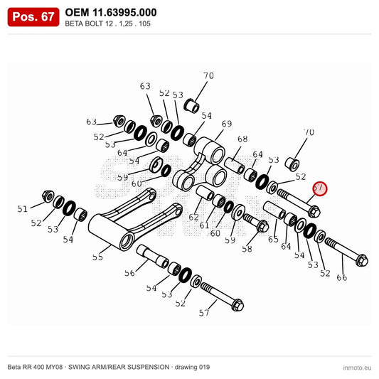 BETA BOLT 12 . 1,25 . 105 – OEM 11.63995.000, position 67 on the Beta RR 400 MY08 swing arm/rear suspension drawing