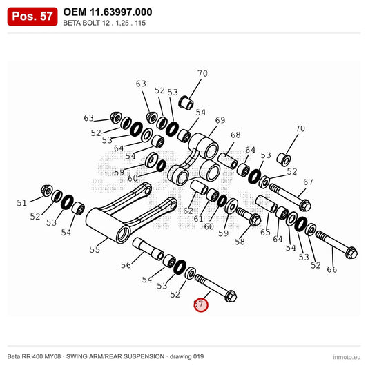 BETA BOLT 12 . 1,25 . 115 – OEM 11.63997.000, position 57 on the Beta RR 400 MY08 swing arm/rear suspension drawing