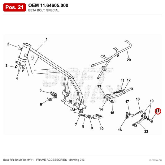 BETA BOLT, SPECIAL – OEM 11.64605.000, position 21 on the Beta RR 50 MY10-MY11 frame accessories drawing