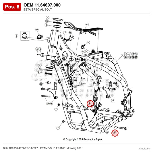 BETA SPECIAL BOLT – OEM 11.64607.000, position 6 on the Beta RR 350 4T X-PRO MY27 frame/sub frame drawing