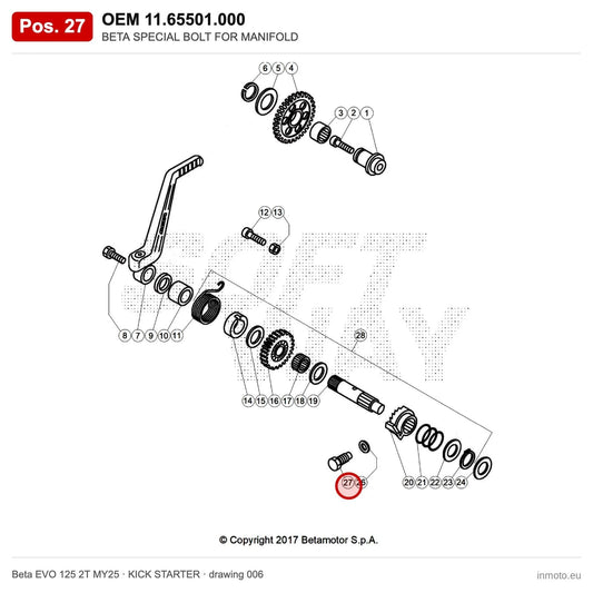 BETA SPECIAL BOLT FOR MANIFOLD – OEM 11.65501.000, position 27 on the Beta EVO 125 2T MY25 kick starter drawing