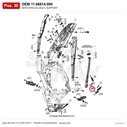 BETA SPECIAL BOLT, SUPPORT – OEM 11.66614.000, position 30 on the Beta RR 250 2T X-PRO MY27 frame accessories drawing