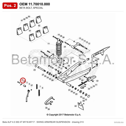 BETA BOLT, SPECIAL – OEM 11.70010.000, position 2 on the Beta ALP 4.0 350 4T MY16-MY17 swing arm/rear suspension drawing