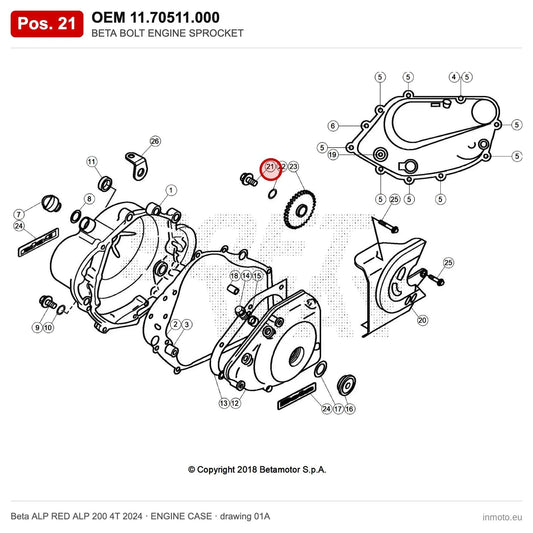 BETA BOLT ENGINE SPROCKET – OEM 11.70511.000, position 21 on the Beta ALP RED ALP 200 4T 2024 engine case drawing
