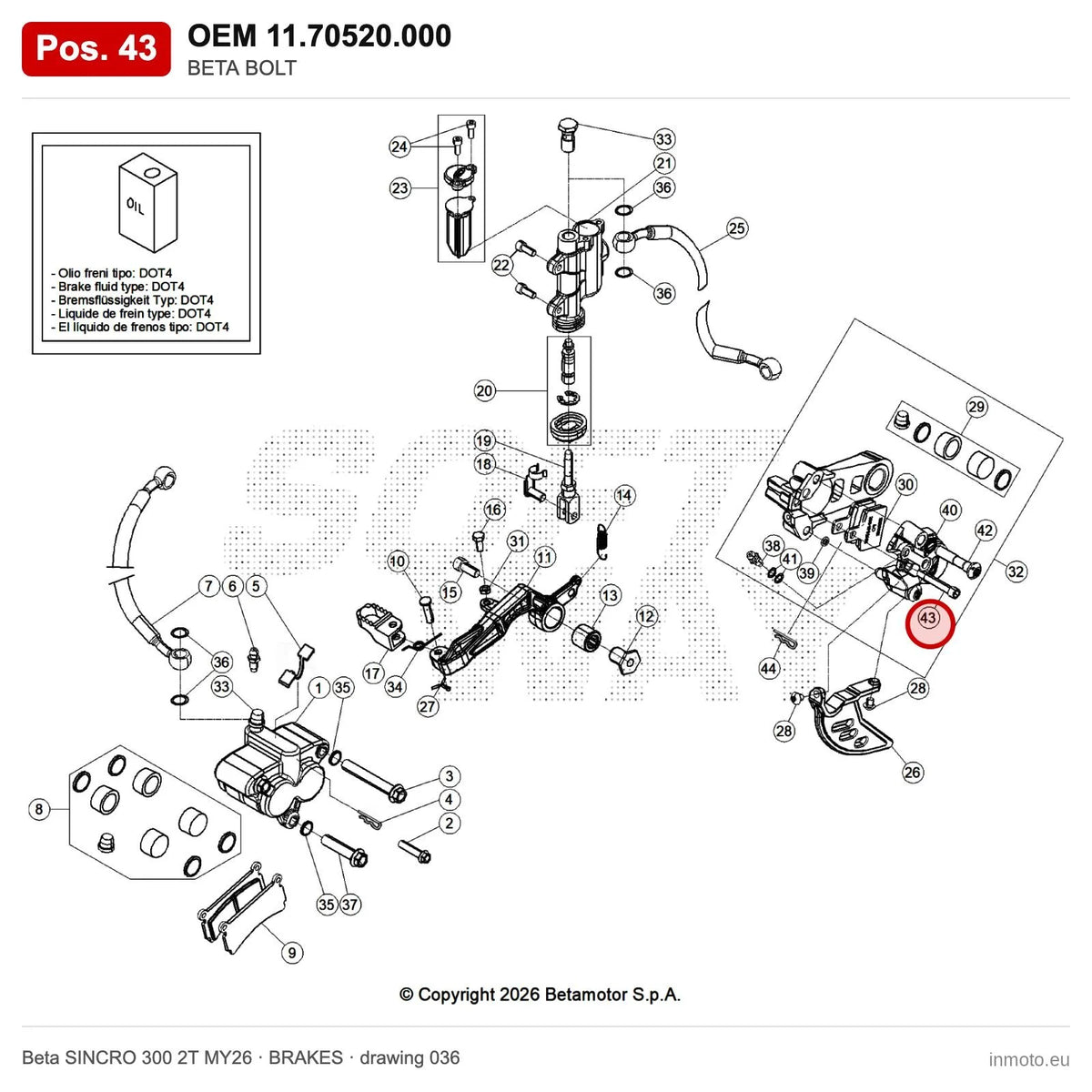 BETA BOLT – OEM 11.70520.000, position 43 on the Beta SINCRO 300 2T MY26 brakes drawing