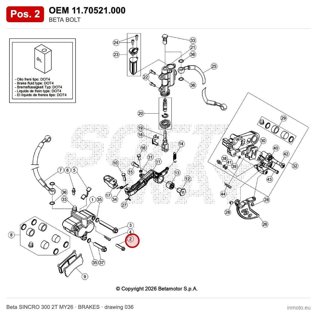 BETA BOLT – OEM 11.70521.000, position 2 on the Beta SINCRO 300 2T MY26 brakes drawing