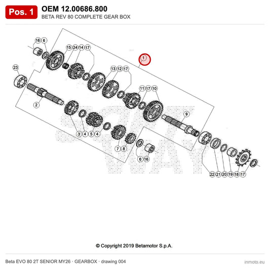 BETA REV 80 COMPLETE GEAR BOX – OEM 12.00686.800, position 1 on the Beta EVO 80 2T SENIOR MY26 gearbox drawing