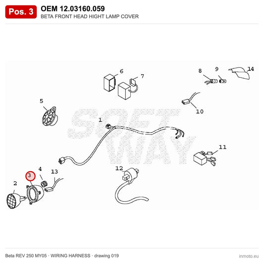 BETA FRONT HEAD HIGHT LAMP COVER – OEM 12.03160.059, position 3 on the Beta REV 250 MY05 wiring harness drawing