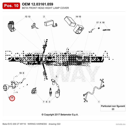 BETA FRONT HEAD HIGHT LAMP COVER – OEM 12.03161.059, position 10 on the Beta EVO 200 2T MY19 wiring harness drawing