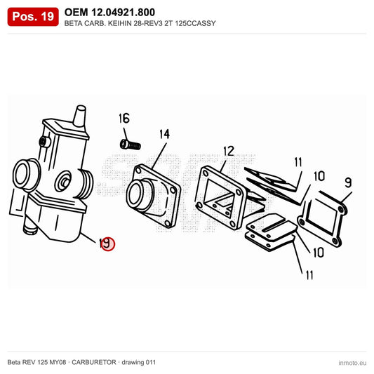 BETA CARB. KEIHIN 28-REV3 2T 125CCASSY – OEM 12.04921.800, position 19 on the Beta REV 125 MY08 carburetor drawing