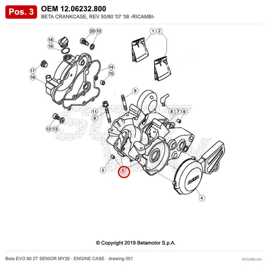 BETA CRANKCASE, REV 50/80 '07 '08 -RICAMBI- – OEM 12.06232.800, position 3 on the Beta EVO 80 2T SENIOR MY26 engine case drawing