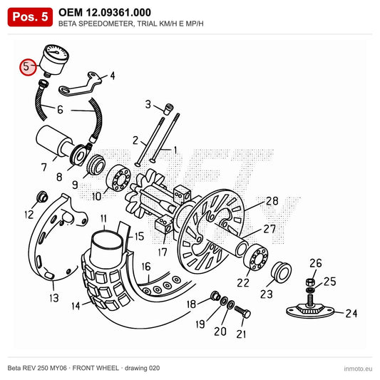 BETA SPEEDOMETER, TRIAL KM/H E MP/H – OEM 12.09361.000, position 5 on the Beta REV 250 MY06 front wheel drawing